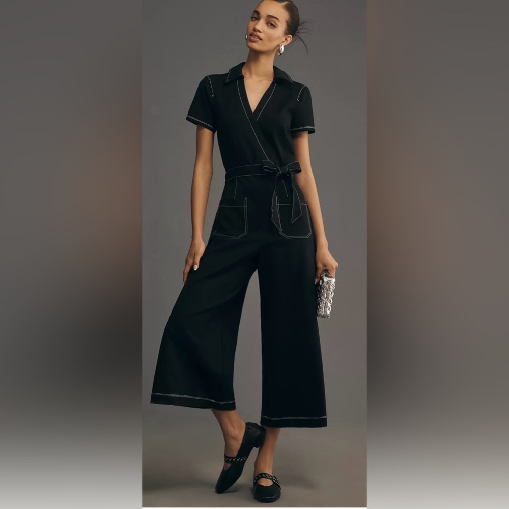 Maeve Anthropologie Colette Wrap Jumpsuit Ponte Denim Blue 10